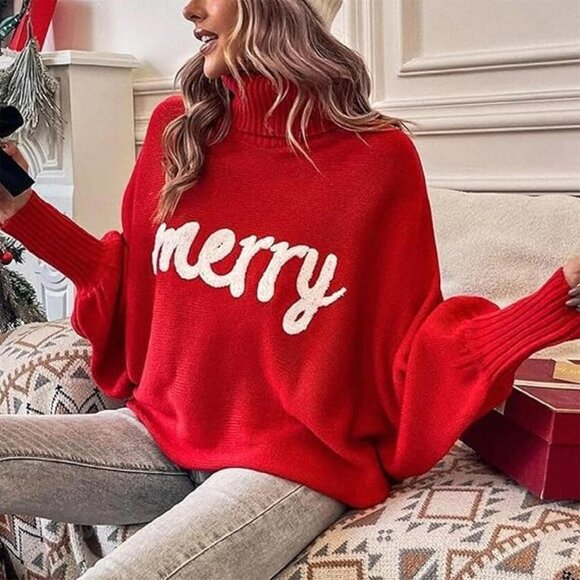 Oversized Christmas Red Sweater Women 2025 Merry Turtleneck Batwing Sleeve - Picture 5 of 6